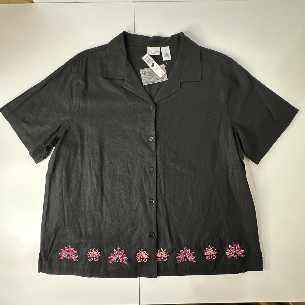 Kim Rogers Linen Blend Shirt Black Beaded Floral Embroidered Button Up Sz 1X - Picture 12 of 16